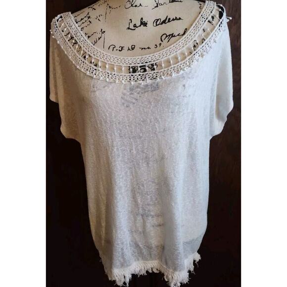 Neutral Short Sleeve Dolman Ivory Fringe Crochet Top XL Bauble Boho Burnout - Picture 1 of 7